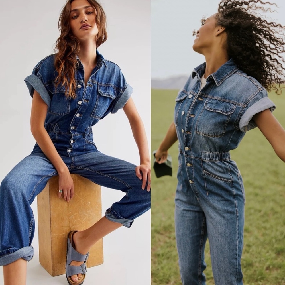 NWT Free People Marci Denim Coveralls Short Sleeve Jumpsuit High Noon - Picture 8 of 8